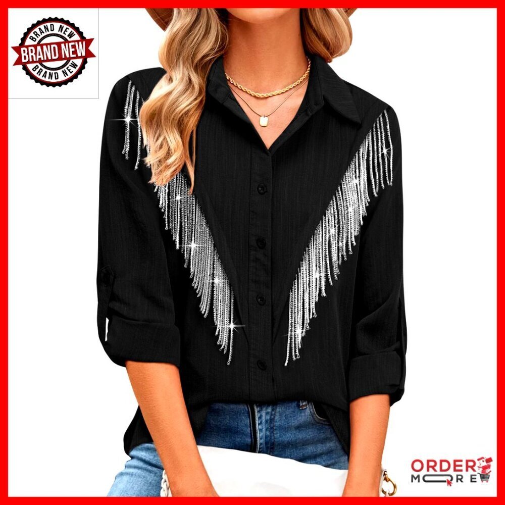 Sparkly Fringe Button Down Shirt Rolled 3/4 Sleeve Western Cowgirl Top